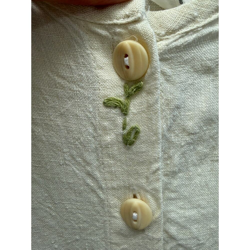 FLAX Jeanne Engelhart Linen Dress | Size M | Ivory Button Front Embroidered - Picture 3 of 7